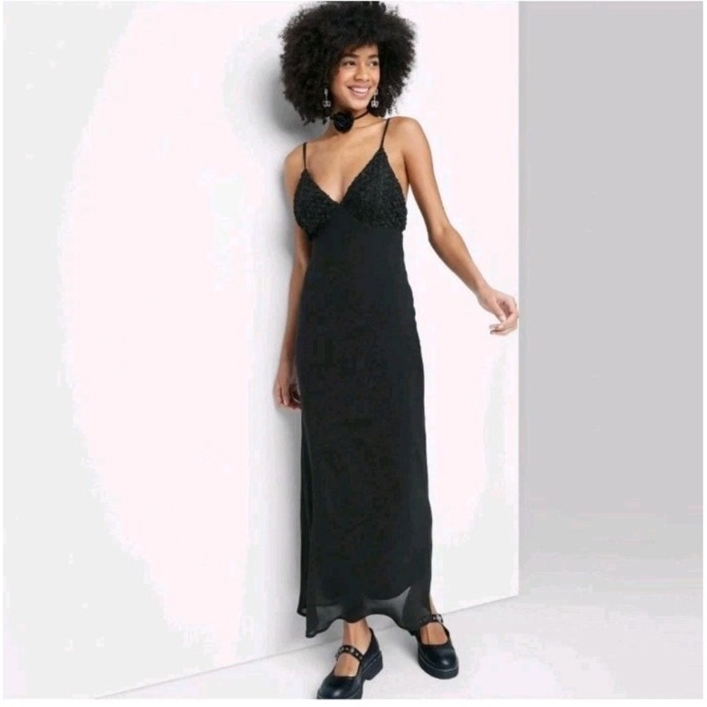 Wild Fable Black Chiffon Maxi Dress M NWT Open Back Boho Fairycore Rossette Cups